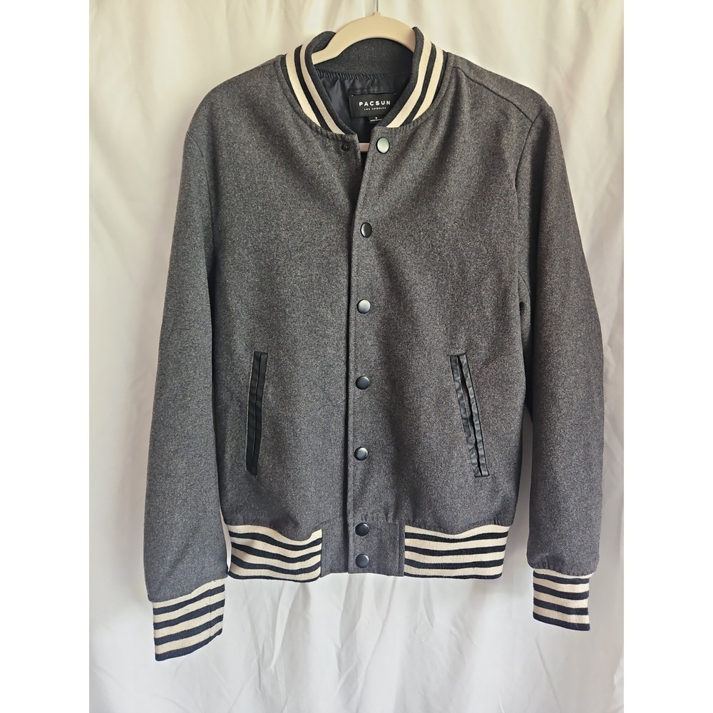 PACSUN Varsity Jacket Wool Blend Gray Men's Size Small Snaps Up Coat Striped Rib